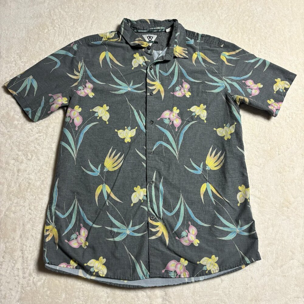 Vissla Mens Button Down Shirt Size X-Large Grey Floral Vacation Resortwear‎